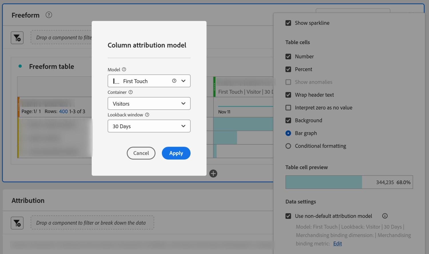 A freeform table in Analysis Workspace with the Column attribution model dialog open over it. The dialog holds three controls stacked vertically: Model, set to First Touch; Container, set to Visitors; and Lookback window, set to 30 Days. Cancel and Apply buttons sit at the bottom. On the right, the column settings rail shows Use non-default attribution model ticked, with the chosen model, lookback and container repeated beneath it. The metric name, the dimension values in the table and the summary line along the bottom are blurred out.