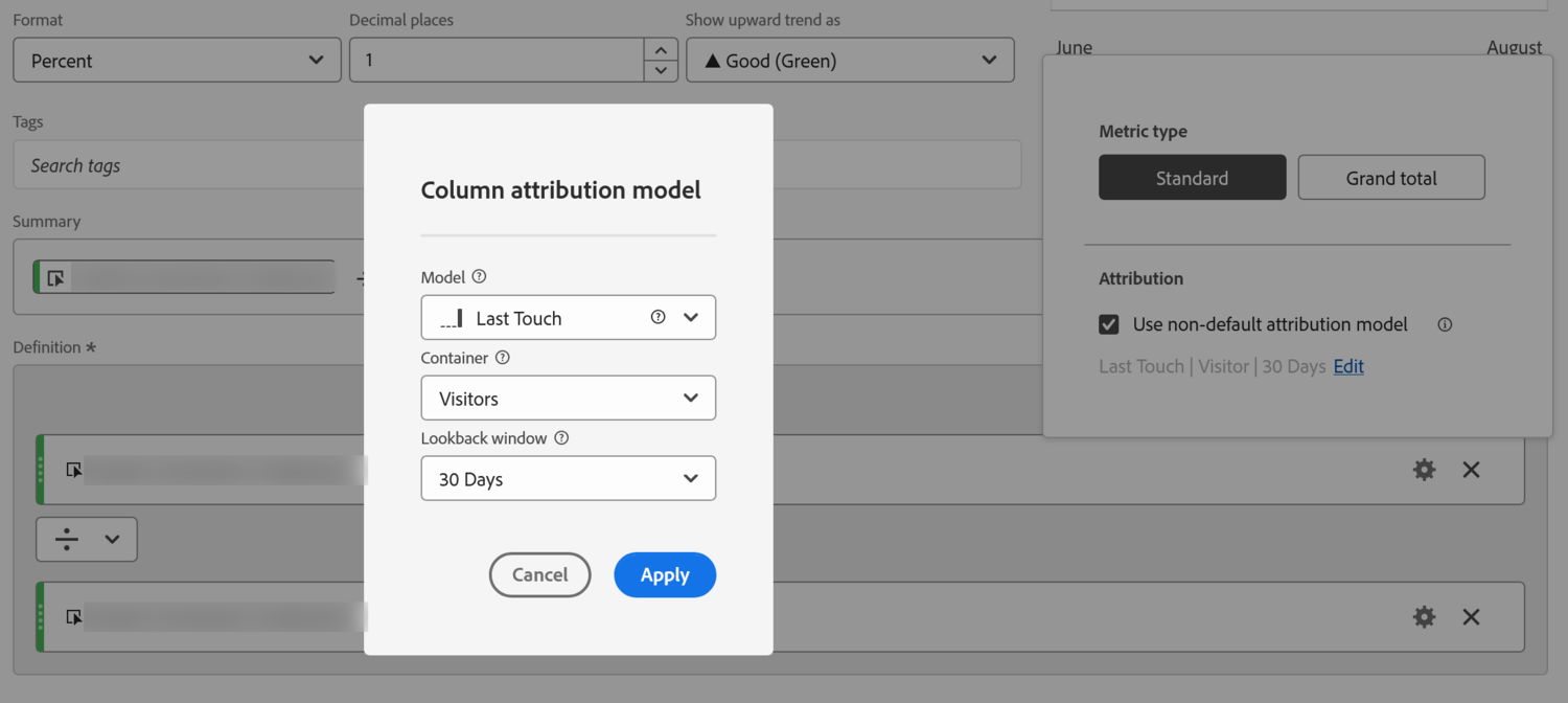 The calculated metric builder. Format is set to Percent with one decimal place. The definition canvas holds two metrics with a division operator between them, each with a gear icon beside it. Over the top sits the Column attribution model dialog, showing Model set to Last Touch, Container set to Visitors and Lookback window set to 30 Days. On the right, Metric type is set to Standard, and under Attribution the box Use non-default attribution model is ticked, with Last Touch, Visitor and 30 Days shown beneath it next to an Edit link. The metric names in the summary and the definition are blurred out.