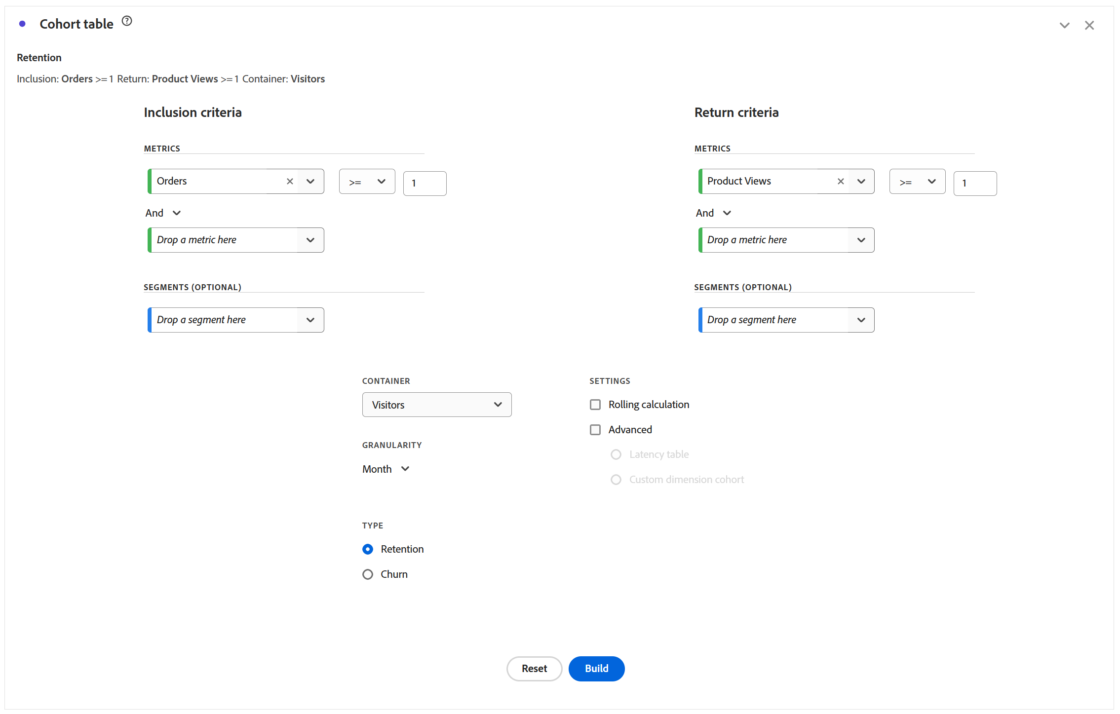 The cohort table configuration panel. Inclusion criteria is set to Orders greater than or equal to one. Return criteria is set separately to Product Views greater than or equal to one. Below them sit the container, set to Visitors, the granularity, set to Month, the type choice between Retention and Churn, and the settings for Rolling calculation and Advanced, which offers a latency table and a custom dimension cohort.