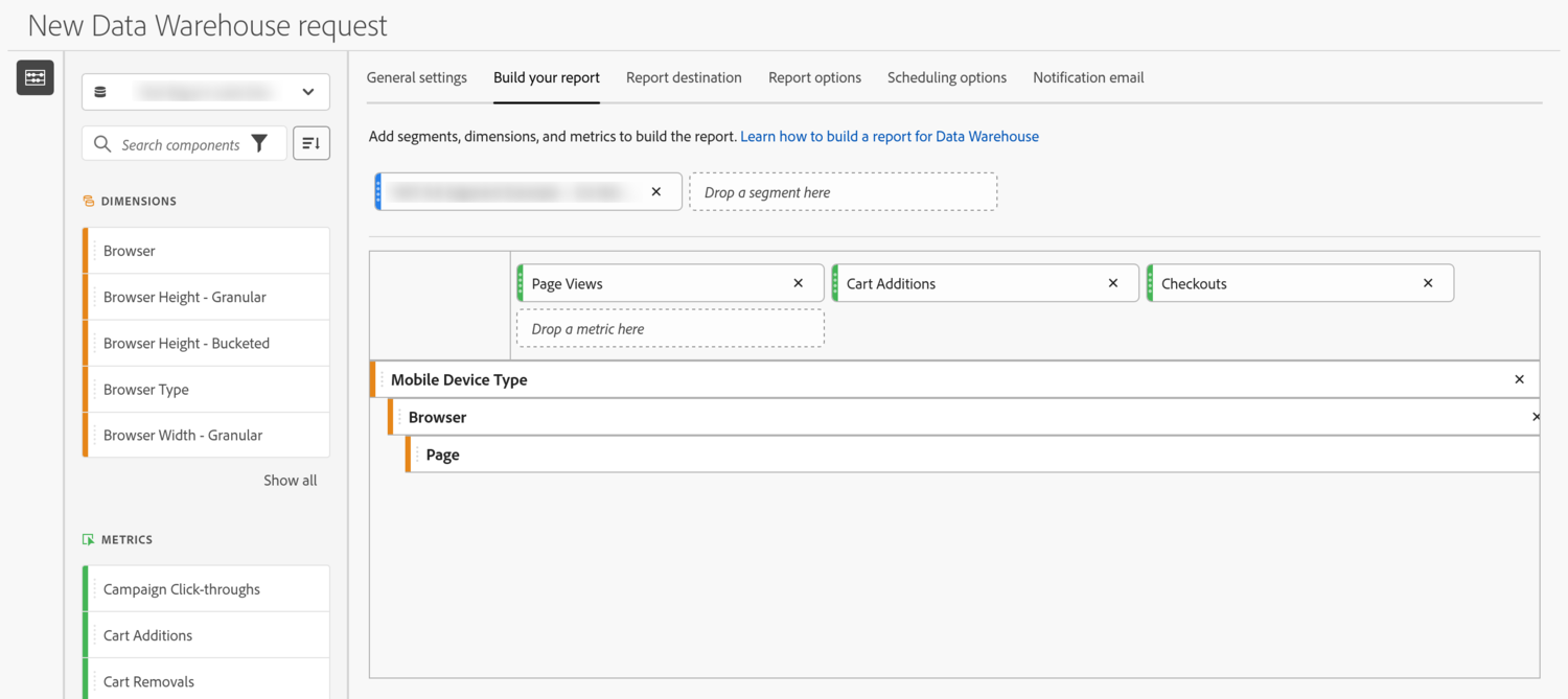 The New Data Warehouse request form, on the Build your report tab. The six tabs run across the top: General settings, Build your report, Report destination, Report options, Scheduling options and Notification email. A components rail on the left lists dimensions and metrics. In the report area a segment chip sits at the top, then three metrics side by side as columns: Page Views, Cart Additions and Checkouts. Below them three dimensions are stacked with increasing indentation: Mobile Device Type, then Browser, then Page. The report suite selector and the segment name are blurred out.