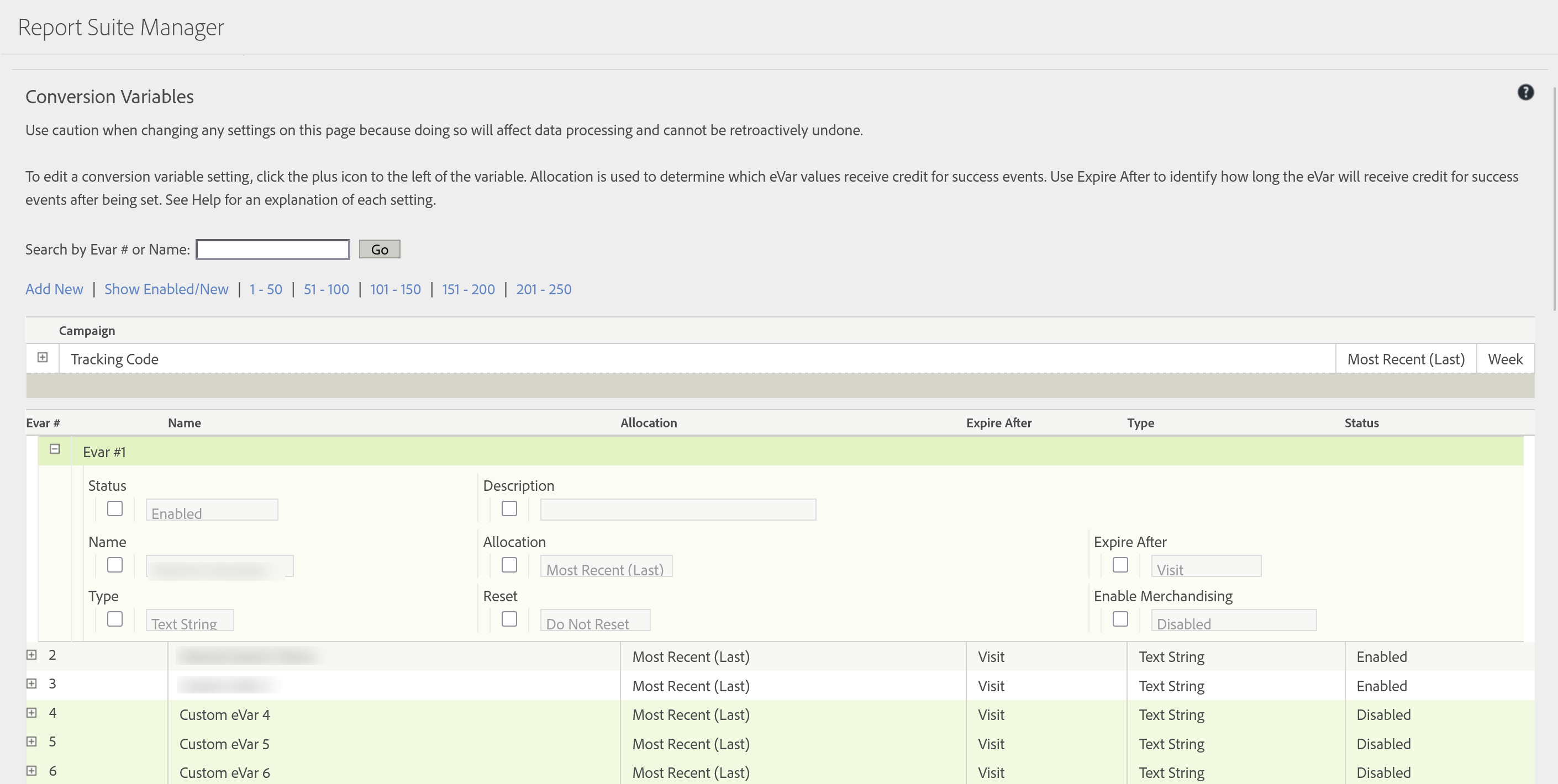 The Conversion Variables page in the Report Suite Manager. A warning at the top reads that changing settings on this page affects data processing and cannot be retroactively undone. Below it, eVar 1 is expanded into a panel of eight fields: Status showing Enabled, Description empty, Name showing a value that has been blurred out, Allocation showing Most Recent (Last), Expire After showing Visit, Type showing Text String, Reset showing Do Not Reset, and Enable Merchandising showing Disabled. Beneath the expanded panel the list continues with eVars 2 to 6 in columns headed Evar number, Name, Allocation, Expire After, Type and Status. The names of eVars 2 and 3 are blurred out; eVars 4, 5 and 6 still read Custom eVar 4, Custom eVar 5 and Custom eVar 6 and are marked Disabled. Every row shows Most Recent (Last), Visit and Text String.