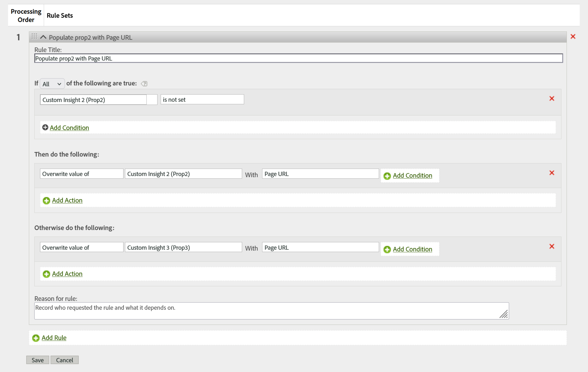 The Processing Rules builder in Adobe Analytics, with tabs for Processing Order and Rule Sets. Rule number 1 is open and titled Populate prop2 with Page URL. Under the heading If All of the following are true sits one condition: Custom Insight 2 (Prop2) is not set, with an Add Condition control beneath it. Under Then do the following sits one action: Overwrite value of Custom Insight 2 (Prop2) With Page URL. Under Otherwise do the following sits a second action: Overwrite value of Custom Insight 3 (Prop3) With Page URL. At the bottom a free-text field labelled Reason for rule reads: Record who requested the rule and what it depends on. An Add Rule control and Save and Cancel buttons sit below.