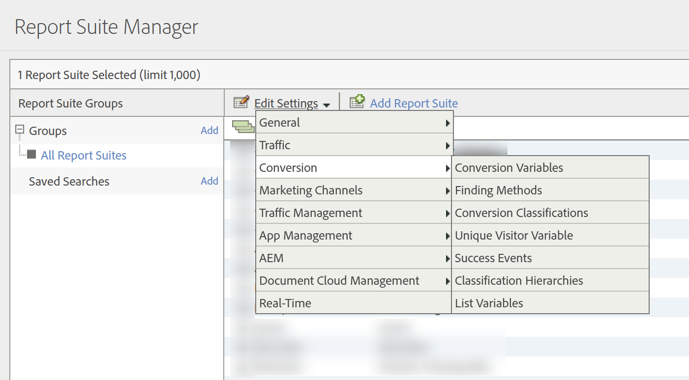 The Report Suite Manager with the Edit Settings menu opened. The first column of the menu lists nine groups: General, Traffic, Conversion, Marketing Channels, Traffic Management, App Management, AEM, Document Cloud Management and Real-Time, each with an arrow indicating a submenu. The Conversion submenu is open beside it and lists seven more entries: Conversion Variables, Finding Methods, Conversion Classifications, Unique Visitor Variable, Success Events, Classification Hierarchies and List Variables. The report suite rows behind the menu are blurred out.