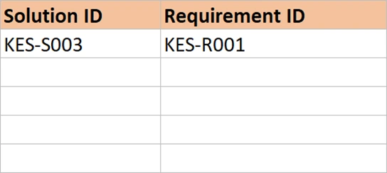 The Solution ID and Requirement ID columns, one row carrying two requirement identifiers.