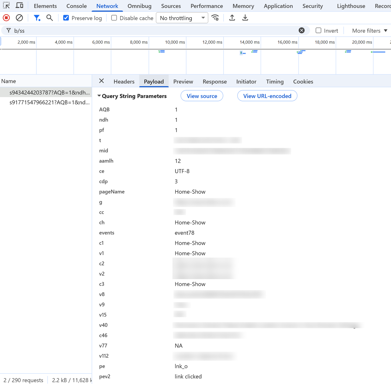 Browser developer tools open on the Network tab, filtered to b slash ss so only Adobe collection requests are listed. Two requests appear in the left panel, both beginning with s and a long number followed by AQB=1. The first is selected and the Payload tab is open beside it, headed Query String Parameters with View source and View URL-encoded buttons. The decoded parameters run down the panel: AQB, ndh and pf each set to 1, then t and mid blurred out, aamlh 12, ce UTF-8, cdp 3, pageName Home-Show, g and cc blurred, ch Home-Show, events event78, c1 and v1 Home-Show, c2 and v2 blurred out, c3 Home-Show, then v8, v9, v15, v40, c46 blurred, v77 set to NA, v112 blurred, pe set to lnk_o and pev2 set to link clicked.