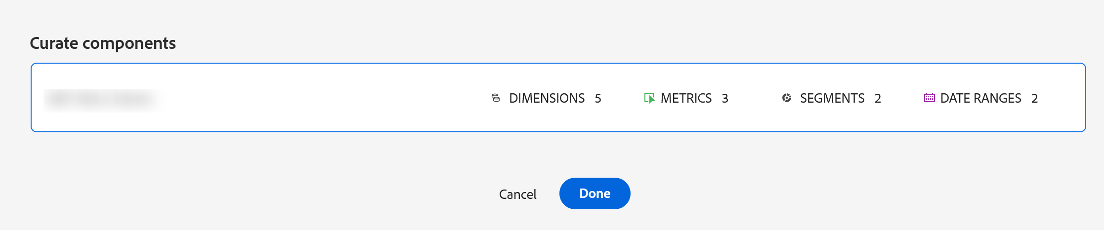 The Curate components summary bar for a project, showing counts of the selected components: five dimensions, three metrics, two segments and two date ranges, each labelled with its colour-coded icon.