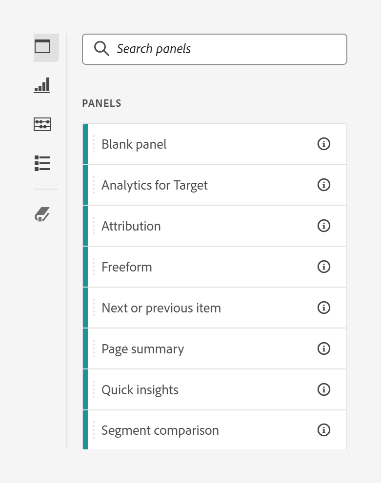 The Panels tab of the Analysis Workspace left rail, opened from the first icon in the narrow strip. A search box sits at the top, and below it a list headed Panels containing Blank panel, Analytics for Target, Attribution, Freeform, Next or previous item, Page summary, Quick insights and Segment comparison.
