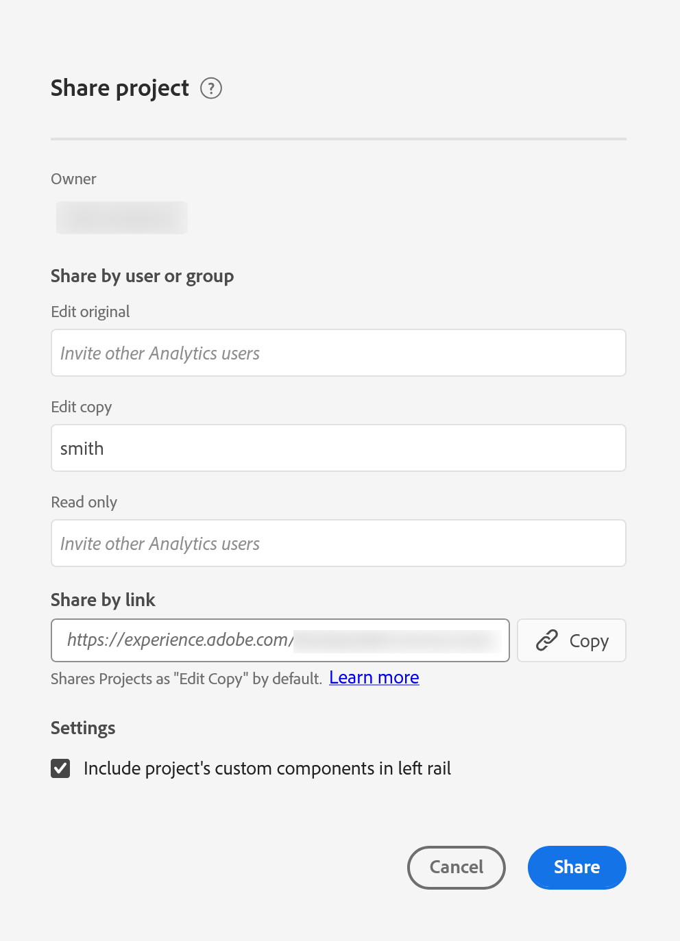 The Share project dialog. It lists the project owner, then three separate recipient fields labelled Edit original, Edit copy and Read only. Beneath them is a shareable link, with a note that projects are shared as Edit Copy by default, and a settings checkbox for including the project custom components in the left rail.