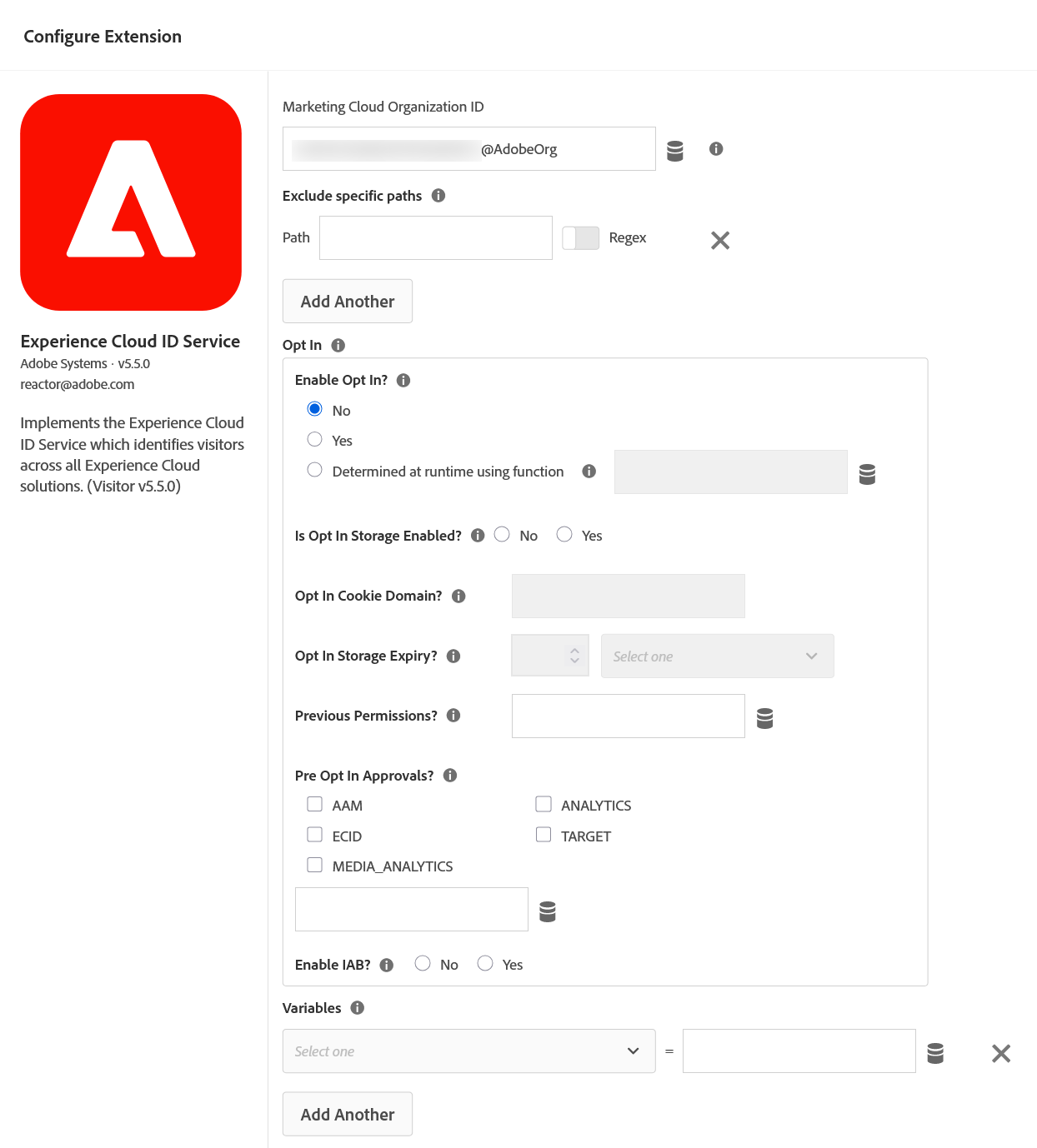 The Configure Extension screen for the Experience Cloud ID Service inside a Tags property. A left panel shows the Adobe logo, the extension name, Adobe Systems version 5.5.0, the contact reactor at adobe.com, and a description explaining that it implements the Experience Cloud ID Service which identifies visitors across all Experience Cloud solutions. The right side begins with Marketing Cloud Organization ID, holding a value that has been blurred out followed by the visible suffix at AdobeOrg. Below it are Exclude specific paths with an empty Path field and a Regex toggle, then an Opt In panel: Enable Opt In set to No, Is Opt In Storage Enabled, Opt In Cookie Domain, Opt In Storage Expiry, Previous Permissions, and Pre Opt In Approvals with unticked checkboxes for AAM, ANALYTICS, ECID, TARGET and MEDIA_ANALYTICS, then Enable IAB. A Variables section sits at the bottom with an empty selector.