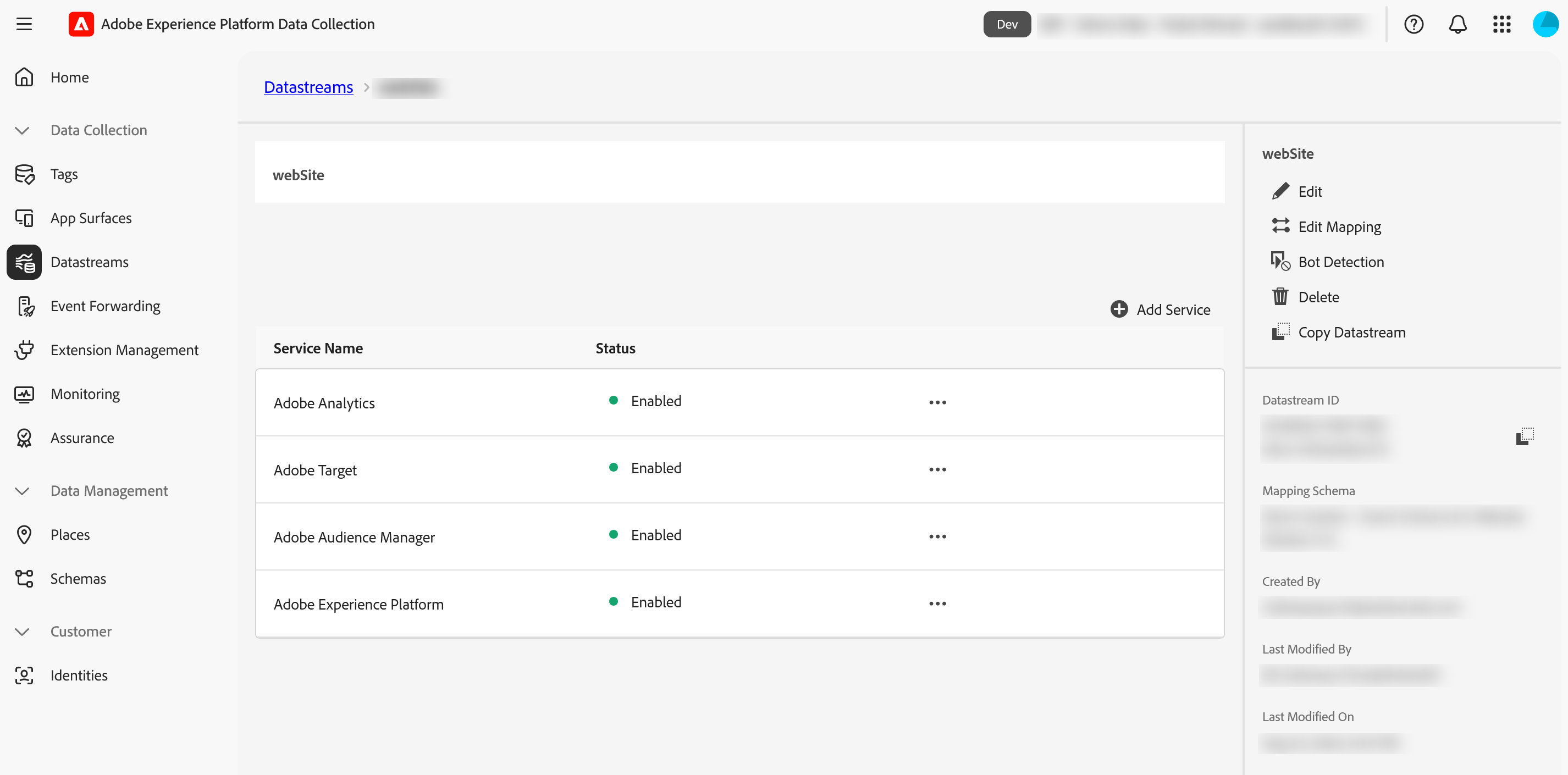 The Datastreams screen in Adobe Experience Platform Data Collection. A left navigation lists Tags, App Surfaces, Datastreams, Event Forwarding, Extension Management, Monitoring, Assurance, then Places, Schemas and Identities. The organisation name in the header and the datastream name in the breadcrumb are both blurred out. The open datastream is titled webSite and is marked Dev. A table headed Service Name and Status lists four services, every one of them Enabled: Adobe Analytics, Adobe Target, Adobe Audience Manager and Adobe Experience Platform. A right-hand panel offers Edit, Edit Mapping, Bot Detection, Delete and Copy Datastream, above fields for Datastream ID, Mapping Schema, Created By, Last Modified By and Last Modified On, all of which are blurred out.