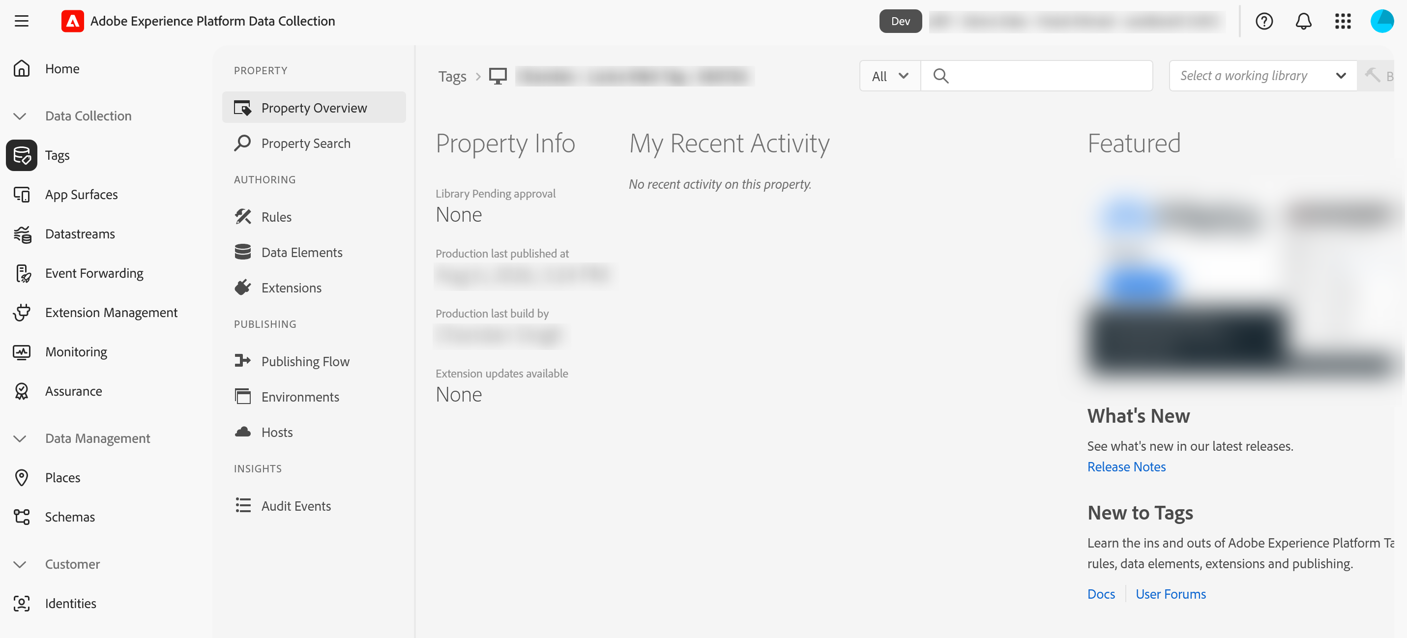 An open property in Adobe Experience Platform Data Collection. The far-left navigation lists Tags, App Surfaces, Datastreams, Event Forwarding, Extension Management, Monitoring and Assurance under Data Collection, then Places, Schemas and Identities. A second column holds the property's own navigation, grouped under headings: PROPERTY with Property Overview and Property Search, AUTHORING with Rules, Data Elements and Extensions, PUBLISHING with Publishing Flow, Environments and Hosts, and INSIGHTS with Audit Events. The main area shows Property Info reading Library Pending approval None, Production last published at and Production last build by both blurred out, and Extension updates available None. The organisation name in the header and the property name in the breadcrumb are blurred.