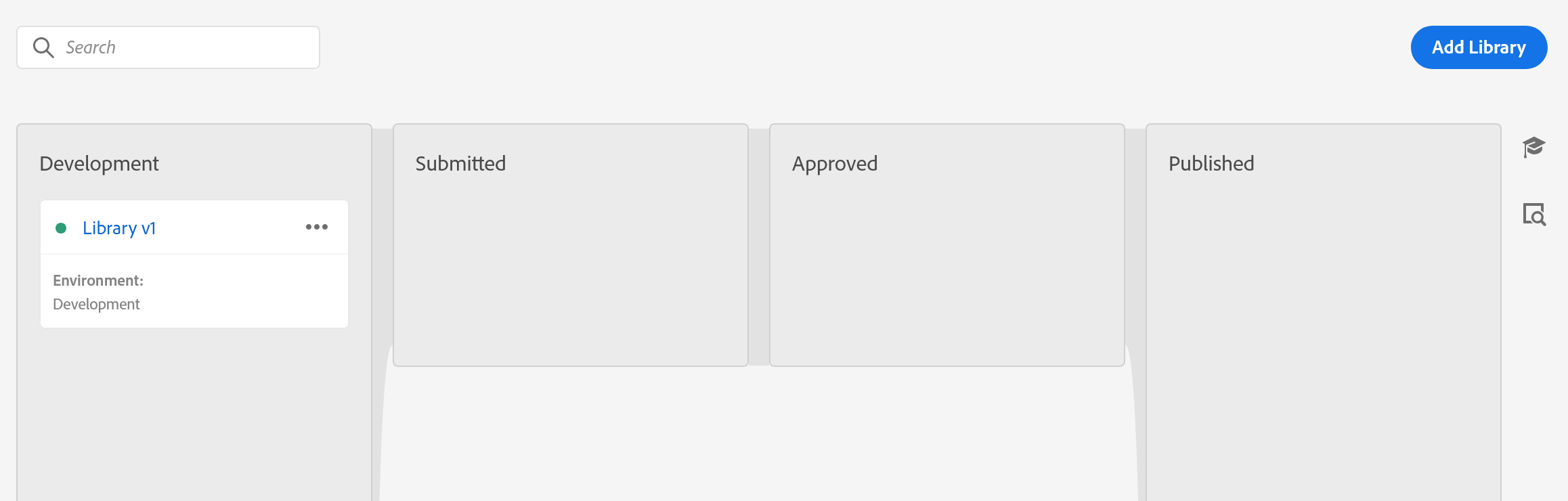 The Publishing Flow screen inside a Tags property. A search box sits top left and an Add Library button top right. Below them four columns run left to right, headed Development, Submitted, Approved and Published. Only the Development column holds anything: a single card titled Library v1 with a green dot beside it and a row of three dots for its menu, and underneath the card a line reading Environment followed by Development. The Submitted, Approved and Published columns are empty.